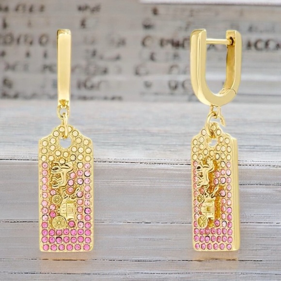 COACH Signature Pave Tag Huggies Earrings - Picture 4 of 4